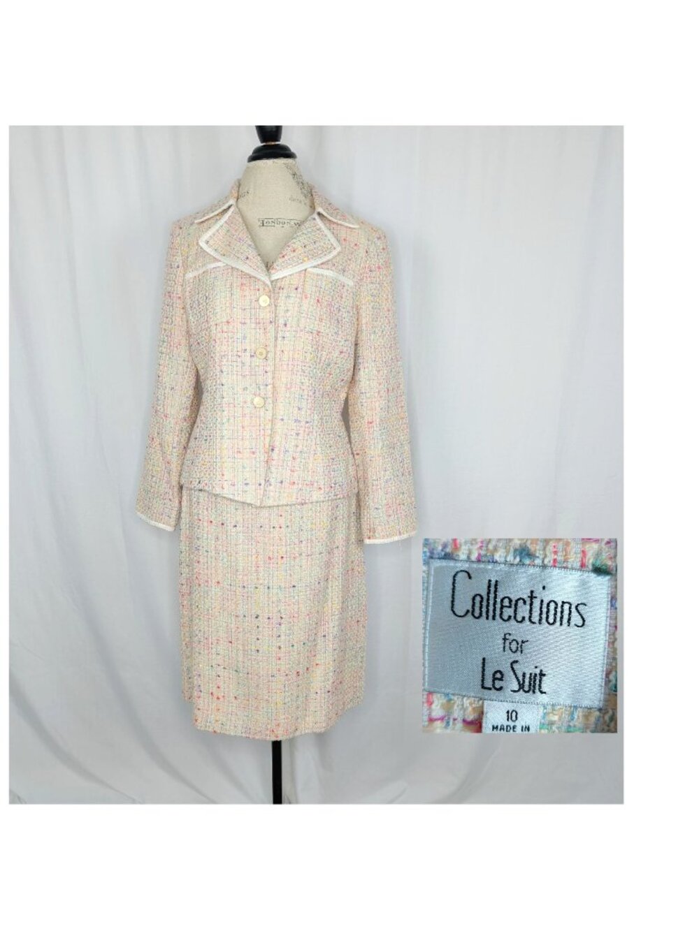 Vintage Le Suit Creme Tweed Skirt Set Small Blazer